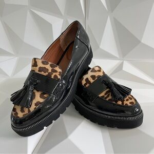 Franco Sarto Platform Patent Leather Glossy Black and Leopard Print Loafers